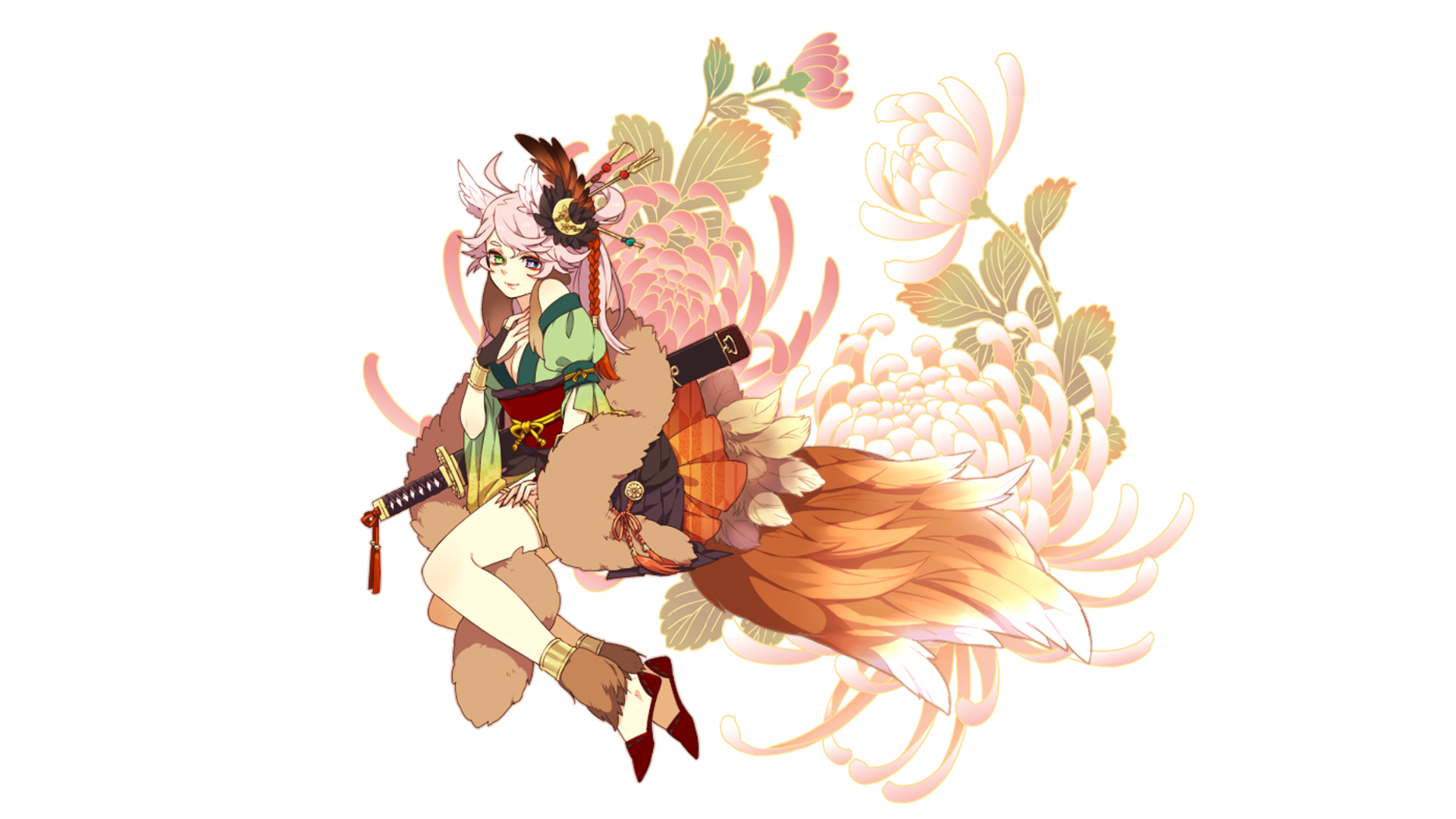 Original anime HD PC wallpaper of a pink-haired female in a floral kimono holding a sword, with fox-tail accents and chrysanthemum motifs on a pale background