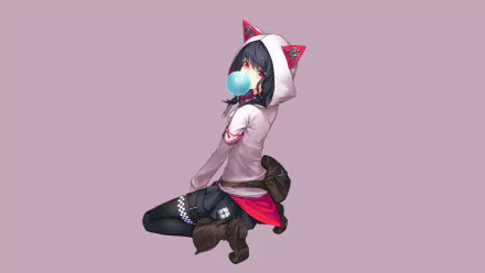 HD desktop wallpaper featuring an anime girl with red eyes and black hair, wearing a hooded jacket with cat ears, a skirt, and blowing a bubblegum bubble.