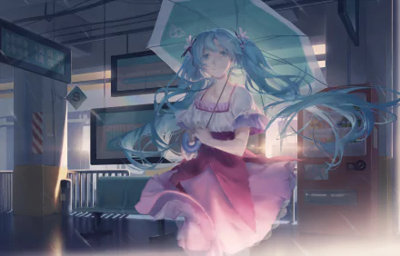 HD PC desktop wallpaper/background of Hatsune Miku (Vocaloid) anime: teal twin‑tailed Miku in a flowing pink dress holding an umbrella in a sunlit train station.