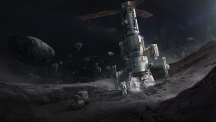 HD sci-fi desktop wallpaper depicting an astronaut exploring a rugged asteroid surface near a futuristic lander amidst floating space rocks.