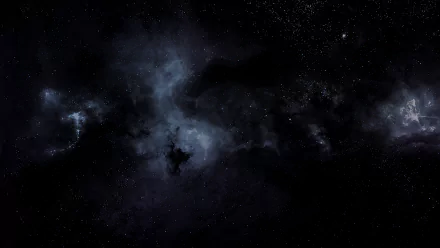 HD PC desktop wallpaper of a Sci‑Fi space scene with dark, smoky blue-gray nebula clouds and distant stars scattered across a black starfield.