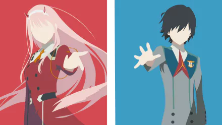 Minimalist HD wallpaper featuring Zero Two and Hiro from the anime Darling in the FranXX, with a divided red and blue background.