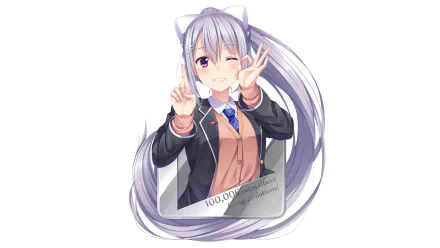 Anime-style Virtual YouTuber Kaede Higuchi with long white hair in a school uniform, posing cheerfully against a white background, designed as an HD PC desktop wallpaper.