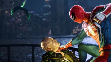 Spider-Man (PS4) from the video game, in his red-and-blue suit, pins a thug by the throat on a rain-soaked rooftop — 4K Ultra HD PC desktop wallpaper.