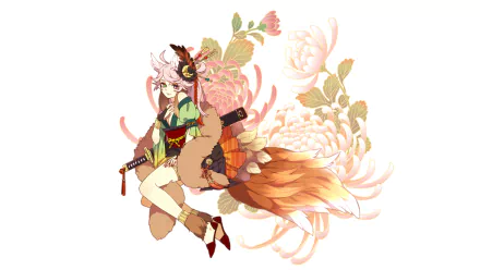 Original anime HD PC wallpaper of a pink-haired female in a floral kimono holding a sword, with fox-tail accents and chrysanthemum motifs on a pale background