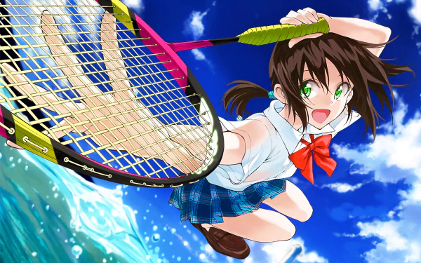 Ayano Hanesaki from Hanebado! in dynamic anime style, swinging a badminton racket against a vibrant blue sky, featured as a HD PC desktop wallpaper background.