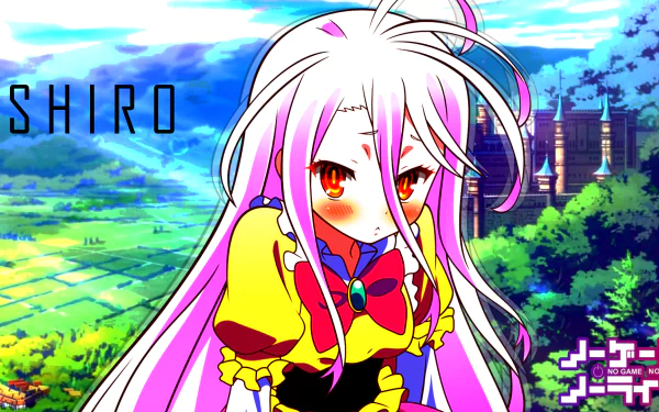 HD PC wallpaper featuring Shiro from No Game No Life: Zero anime, set against a vibrant landscape with castle and bright blue sky in the background.