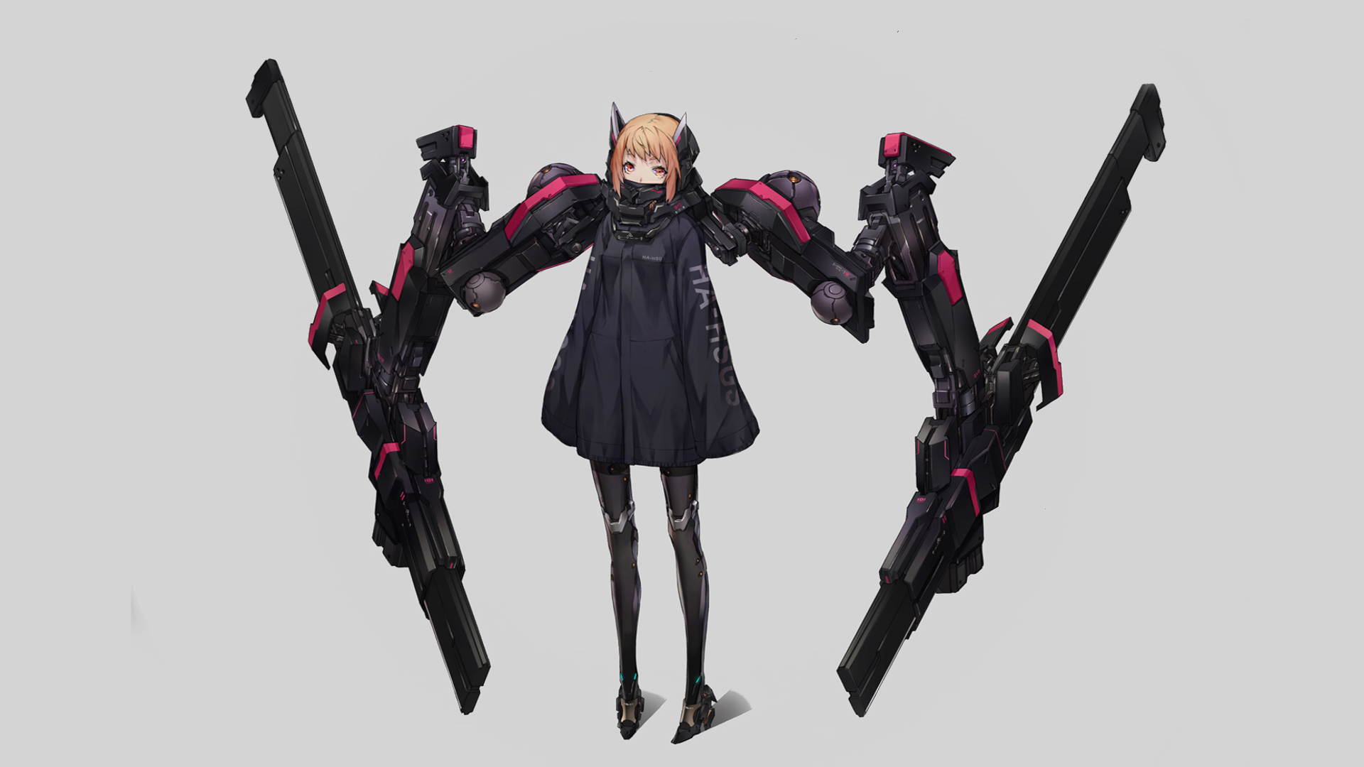 Anime-style original character with short brown hair and brown eyes, equipped with large futuristic black and red mechanical arms, set against a plain background.