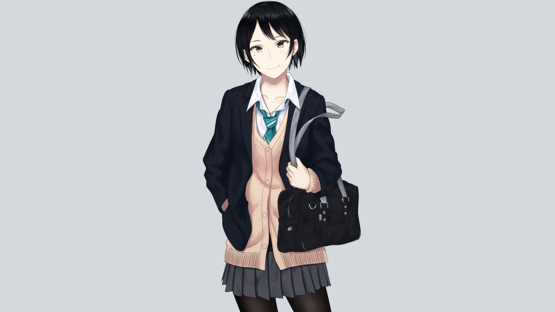 Download Bag Black Eyes School Uniform Black Hair Short Hair Anime Original 4k Ultra HD Wallpaper by サイトー
