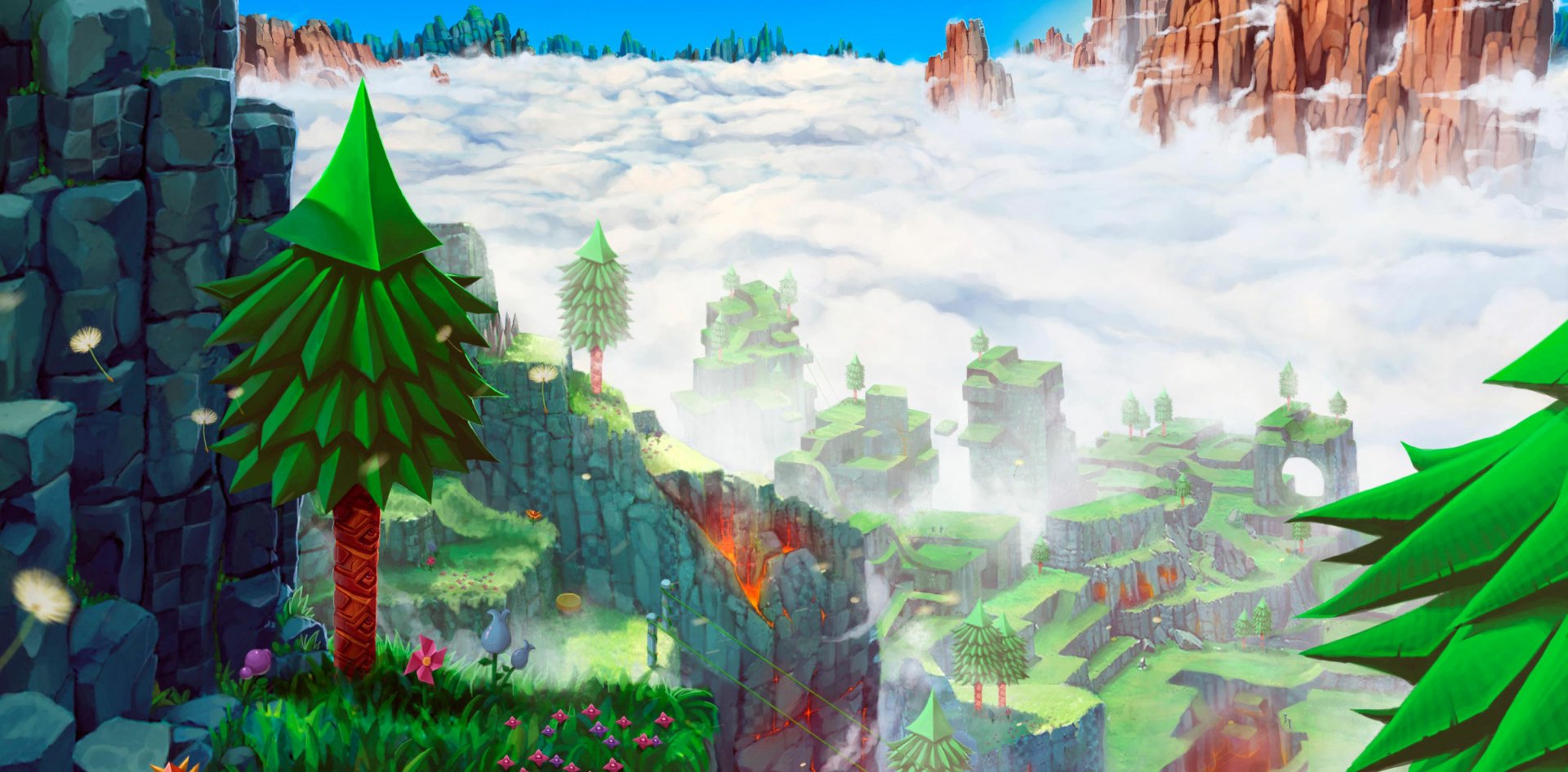 HD PC desktop wallpaper featuring the vibrant, lush landscape of Hilltop Zone from Sonic the Hedgehog video game, with cliffs, trees, and a bright blue sky above the clouds.