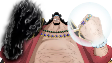 HD PC desktop wallpaper of Marshall D. Teach (Blackbeard) from One Piece: grinning, hulking pirate in a dark coat, bead necklace and a glowing orb clutched in his fist.