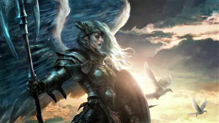 HD fantasy PC wallpaper depicting a fierce angel warrior in dark armor with glowing wings, surrounded by doves against a dramatic sky backdrop.