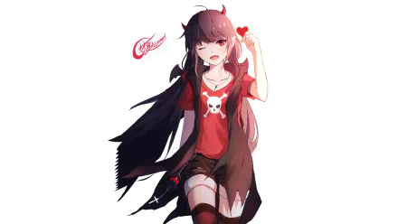 HD desktop wallpaper featuring an anime girl with black hair and red eyes, holding a heart. She is wearing a red shirt with a skull design and dark shorts against a white background.