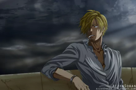 HD PC desktop wallpaper featuring Sanji from the anime One Piece, depicted with blond hair and a cigarette against a moody, cloudy background.