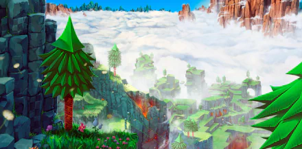 HD PC desktop wallpaper featuring the vibrant, lush landscape of Hilltop Zone from Sonic the Hedgehog video game, with cliffs, trees, and a bright blue sky above the clouds.