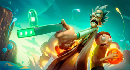 HD desktop wallpaper featuring Rick Sanchez and Morty Smith from the TV show Rick and Morty, showing a dynamic scene with an intense expression and action-packed background.