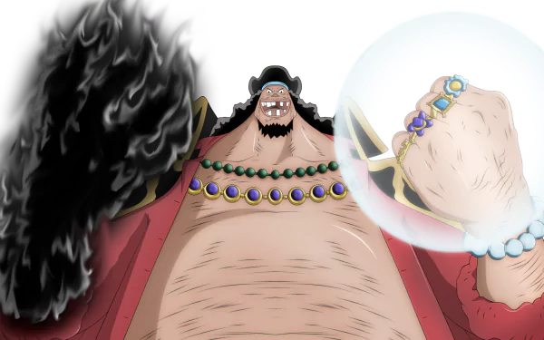 HD PC desktop wallpaper of Marshall D. Teach (Blackbeard) from One Piece: grinning, hulking pirate in a dark coat, bead necklace and a glowing orb clutched in his fist.