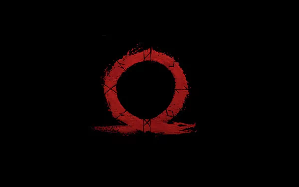 Red Omega symbol from God of War (2018) against a black background, designed as an HD PC desktop wallpaper for the video game.