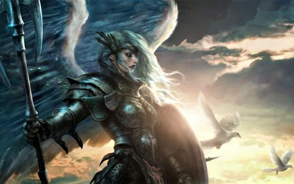HD fantasy PC wallpaper depicting a fierce angel warrior in dark armor with glowing wings, surrounded by doves against a dramatic sky backdrop.