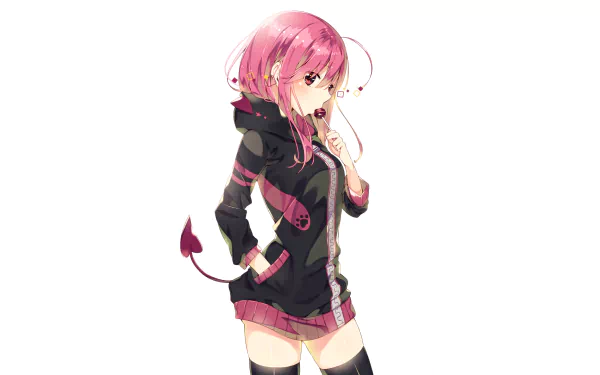 HD anime desktop wallpaper featuring an original character with pink hair and pink eyes, wearing a black and pink outfit, complete with a tail and a contemplative expression.