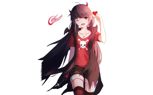 HD desktop wallpaper featuring an anime girl with black hair and red eyes, holding a heart. She is wearing a red shirt with a skull design and dark shorts against a white background.