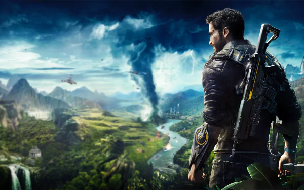 HD desktop wallpaper featuring Rico Rodriguez from the video game Just Cause 4. Rodriguez stands armed, overlooking a vibrant landscape with mountains, a river, and a tornado in the distance.