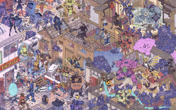 HD PC desktop wallpaper featuring Mercy and numerous characters from the Overwatch video game in a detailed, vibrant scene.