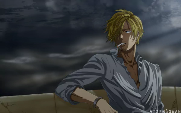 HD PC desktop wallpaper featuring Sanji from the anime One Piece, depicted with blond hair and a cigarette against a moody, cloudy background.