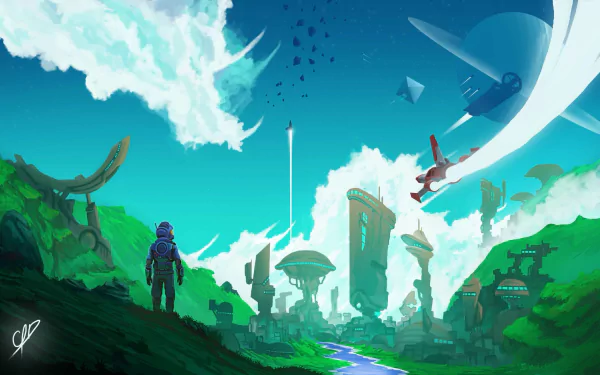 astronaut cloud spacesuit spaceship planet video game No Man's Sky HD Desktop Wallpaper | Background Image