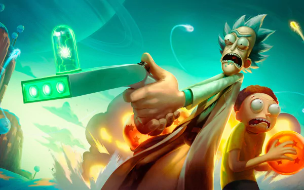 HD desktop wallpaper featuring Rick Sanchez and Morty Smith from the TV show Rick and Morty, showing a dynamic scene with an intense expression and action-packed background.