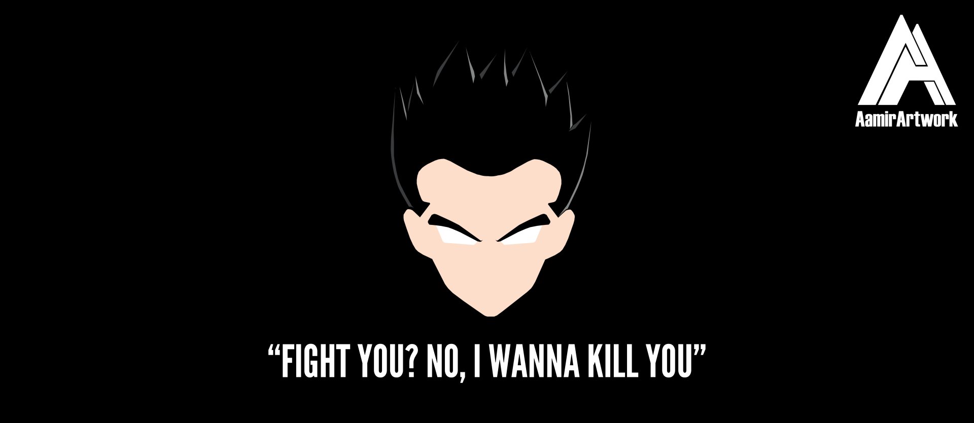 Minimalist anime 5K Ultra HD PC desktop wallpaper: Dragon Ball Super Gohan portrait — spiky hair, narrowed eyes on black background with white quote “FIGHT YOU? NO, I WANNA KILL YOU”