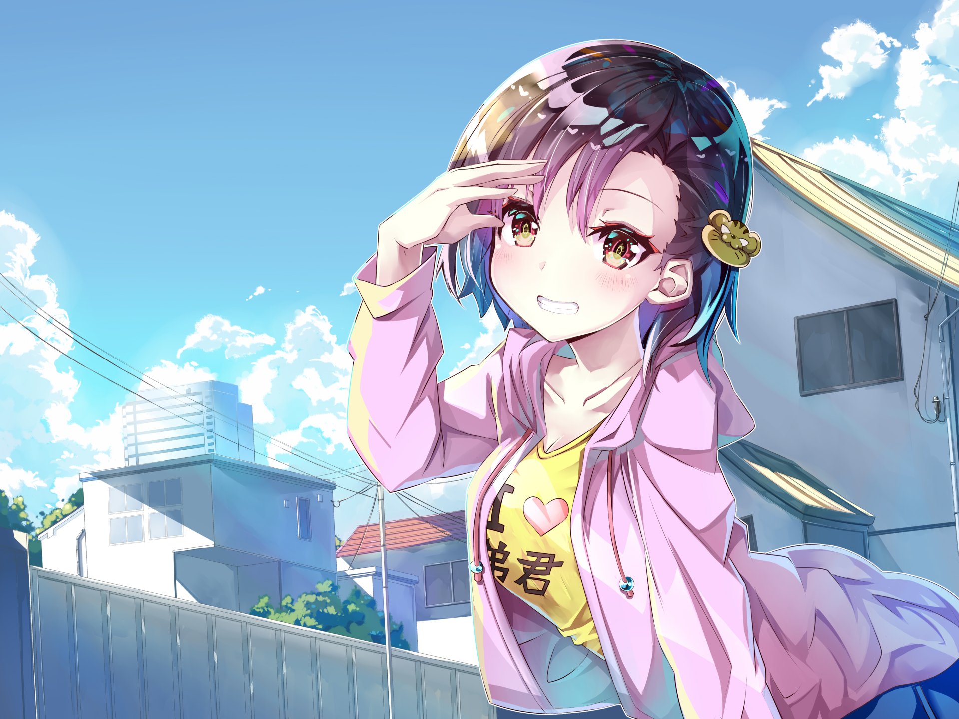 Anime-style original character with purple hair and bright eyes, set against a clear blue sky and urban background, designed as a 4K Ultra HD PC desktop wallpaper.