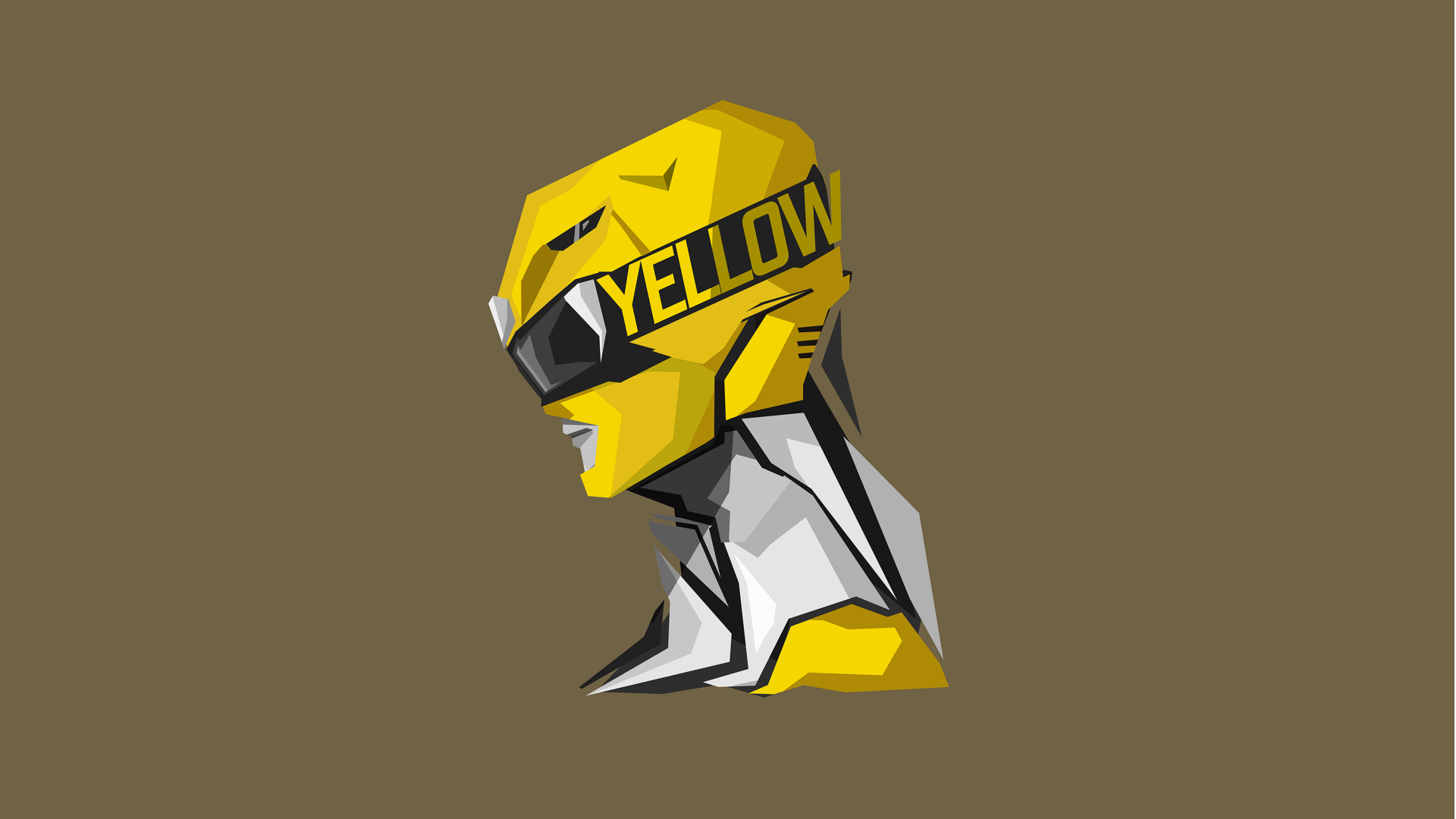 Stylized 8K Ultra HD PC wallpaper of the Yellow Ranger from the Power Rangers TV show, featuring a bold, angular design on a muted brown background.