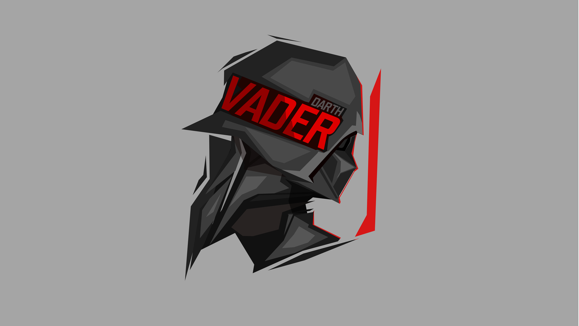 Stylized Darth Vader helmet in red and black geometric art on gray background — sci‑fi Star Wars 8K Ultra HD PC desktop wallpaper and background.