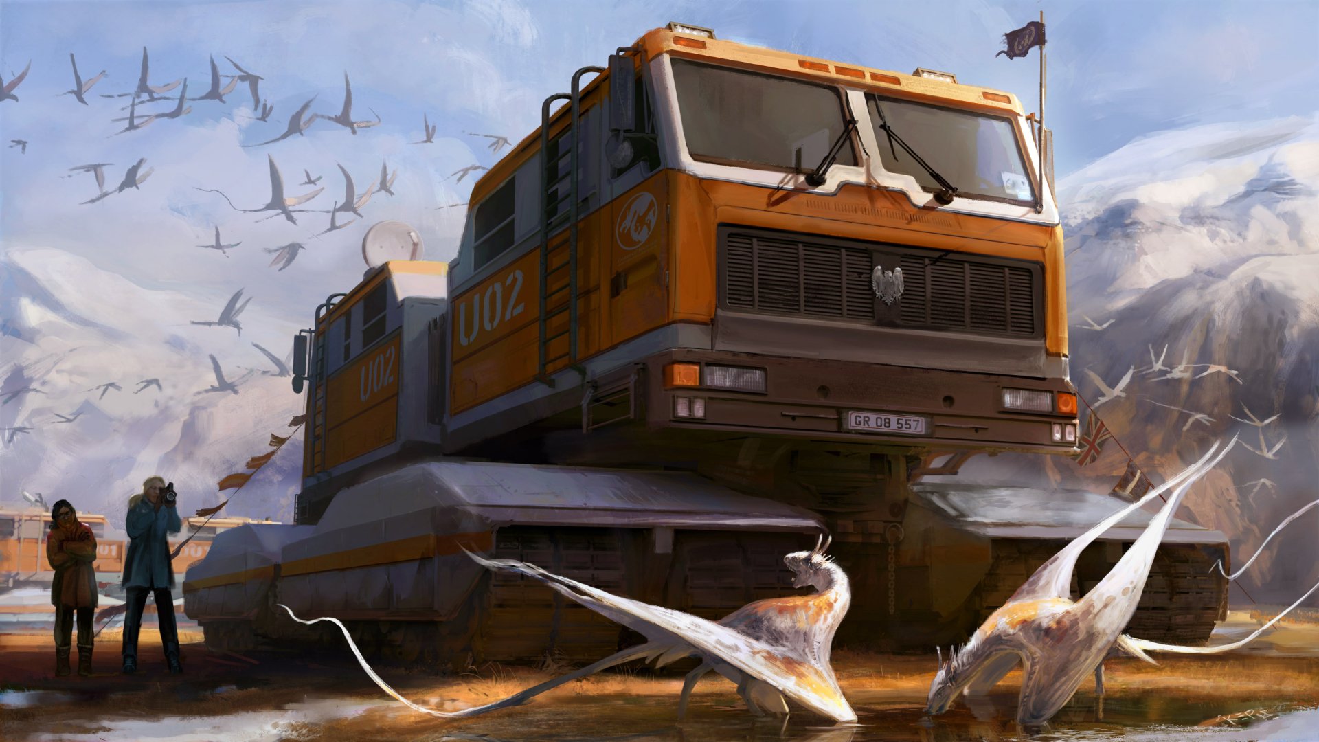 A sci-fi creature and a large, futuristic orange vehicle are set in a rugged landscape, creating a dynamic HD PC desktop wallpaper background.