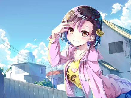 Anime-style original character with purple hair and bright eyes, set against a clear blue sky and urban background, designed as a 4K Ultra HD PC desktop wallpaper.