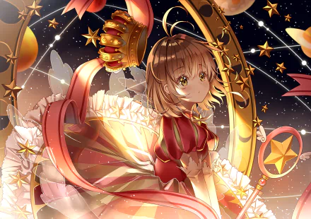 HD PC desktop wallpaper featuring Sakura Kinomoto from the anime Cardcaptor Sakura, surrounded by celestial stars and magical elements in a vibrant, detailed illustration.