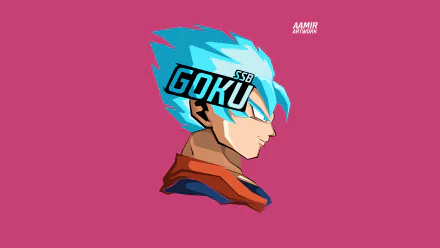 Vibrant 8K Ultra HD anime desktop wallpaper: Super Saiyan Blue Goku profile with cyan hair and visor labeled GOKU SSB on a solid magenta background — Dragon Ball Super style.