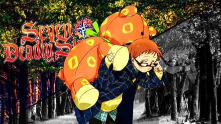 HD PC desktop wallpaper featuring King from the anime The Seven Deadly Sins, showcasing vibrant colors and forest background with the series logo.