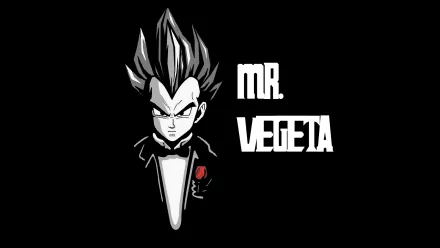 HD Dragon Ball Z desktop wallpaper featuring Vegeta in a sharp tuxedo with spiky hair, styled as Mr. Vegeta with bold white text on a black background.