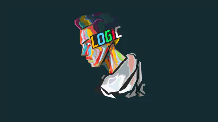 Vivid geometric pop-art profile of a singer in multicolored strokes against dark teal, with a bold typographic accent across the face — 8K Ultra HD PC desktop wallpaper and background.