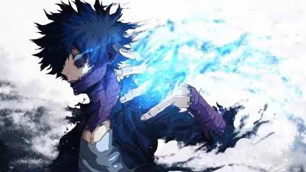 HD wallpaper of Dabi from My Hero Academia, showcasing him with black hair, blue eyes, and scars, emitting blue flames. The matte monochrome background highlights his vivid powers.