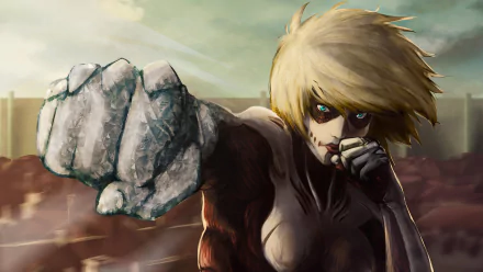 Female Titan from Attack on Titan anime charging forward, fist thrust toward viewer, windblown hair and fierce gaze — 4K Ultra HD PC desktop wallpaper background.