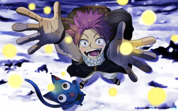Vibrant 4K Ultra HD wallpaper featuring Natsu Dragneel and Happy from Fairy Tail anime, capturing their energetic and joyful expressions in dynamic motion.