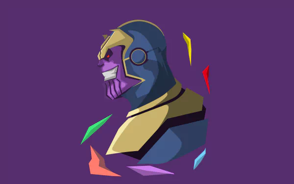 HD desktop wallpaper of Thanos, the villain from Avengers: Infinity War, in a comic-style depiction, set against a purple background with colorful geometric shapes.