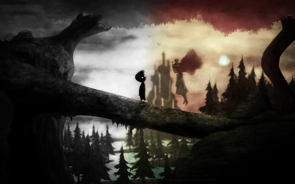 Limbo × Child of Light HD PC wallpaper: silhouetted Limbo boy stands on a fallen log above a shadowed forest, with a distant glowing castle and moonlit, painterly sky.
