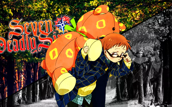 HD PC desktop wallpaper featuring King from the anime The Seven Deadly Sins, showcasing vibrant colors and forest background with the series logo.