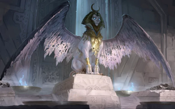 HD fantasy PC wallpaper showcasing a majestic winged sphinx perched on an ancient stone pedestal in a dimly lit, mystical setting.