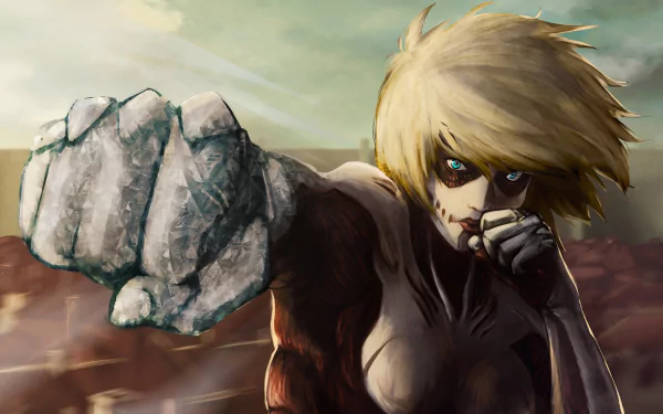 Female Titan from Attack on Titan anime charging forward, fist thrust toward viewer, windblown hair and fierce gaze — 4K Ultra HD PC desktop wallpaper background.