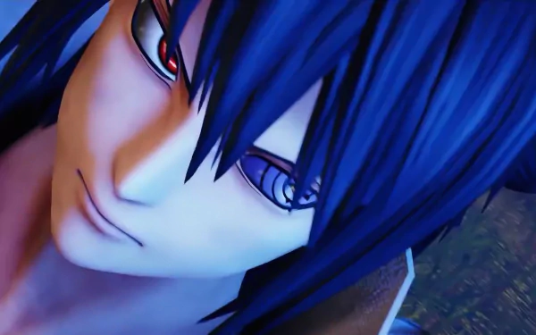 Close-up of Sasuke Uchiha from the video game Jump Force, blue-haired with an intense gaze, rendered as a 4K Ultra HD PC desktop wallpaper/background.